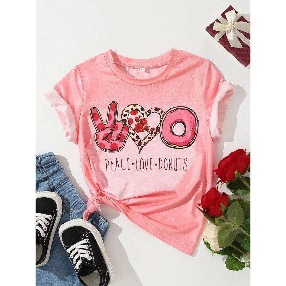 NEW SHEIN Girls Letter & Heart Print Tee‎ Size 7-8Y Color Pink